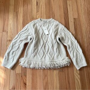 M&S Cable Knit Fringe Sweater Womens Small Cream Cozy Knit Scandinavian Cabin